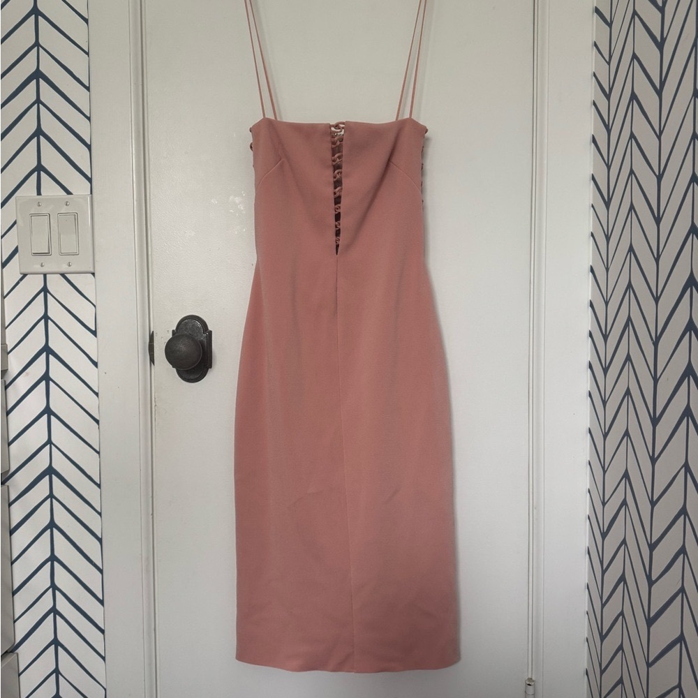 BEC + BRIDGE Blush Pink Bonded Crepe Loop Cutout Zip Front Midi Dress - Size 4